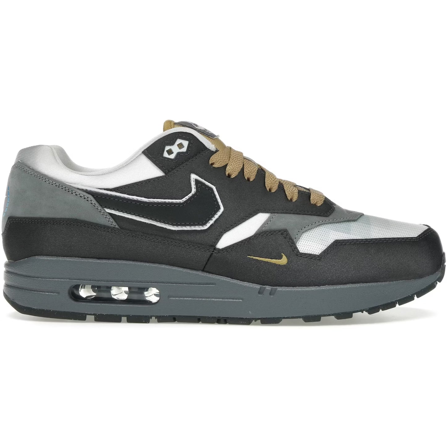 Gray and black sneaker with a white logo on a white background