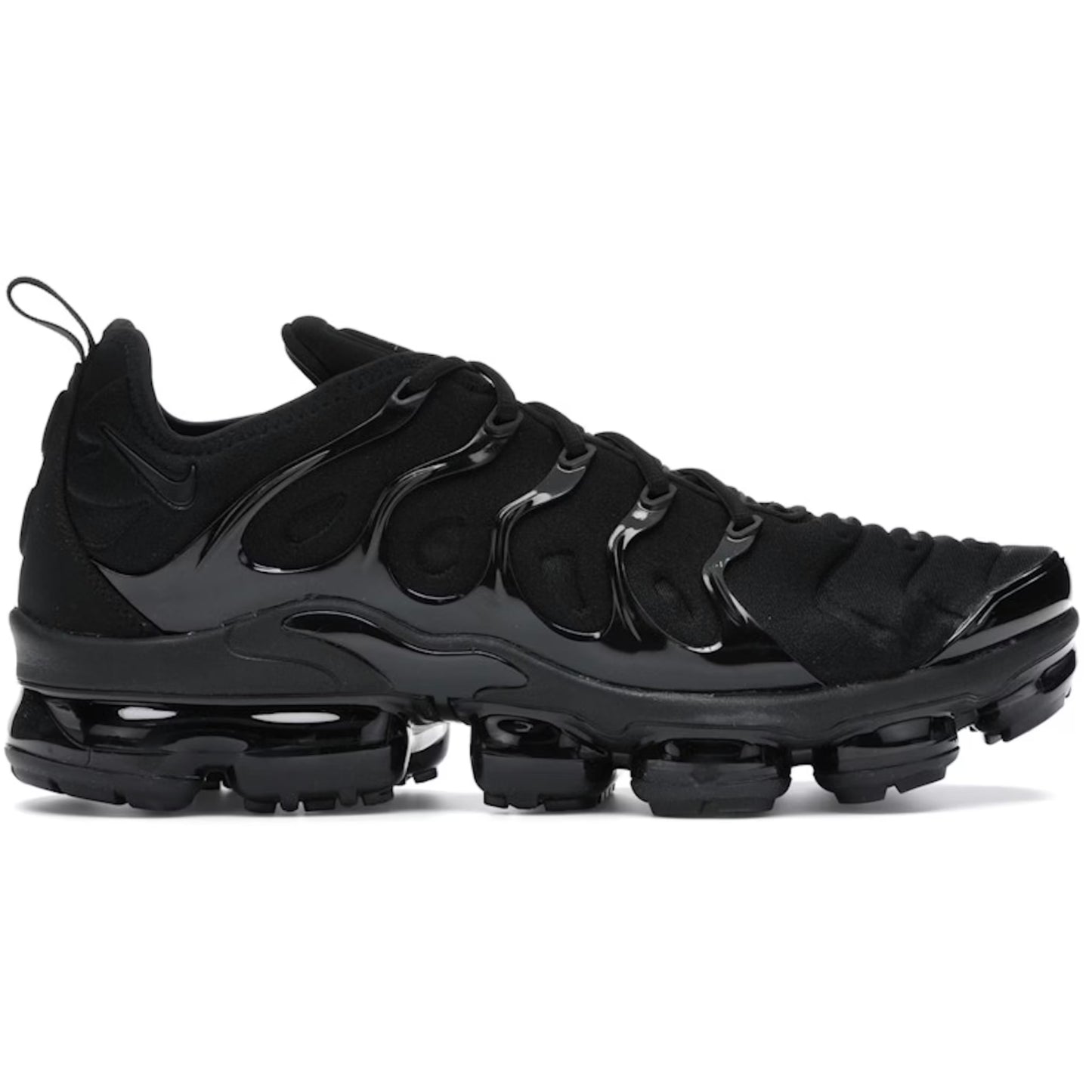 Gray and black sneaker with a green Nike logo on a white background