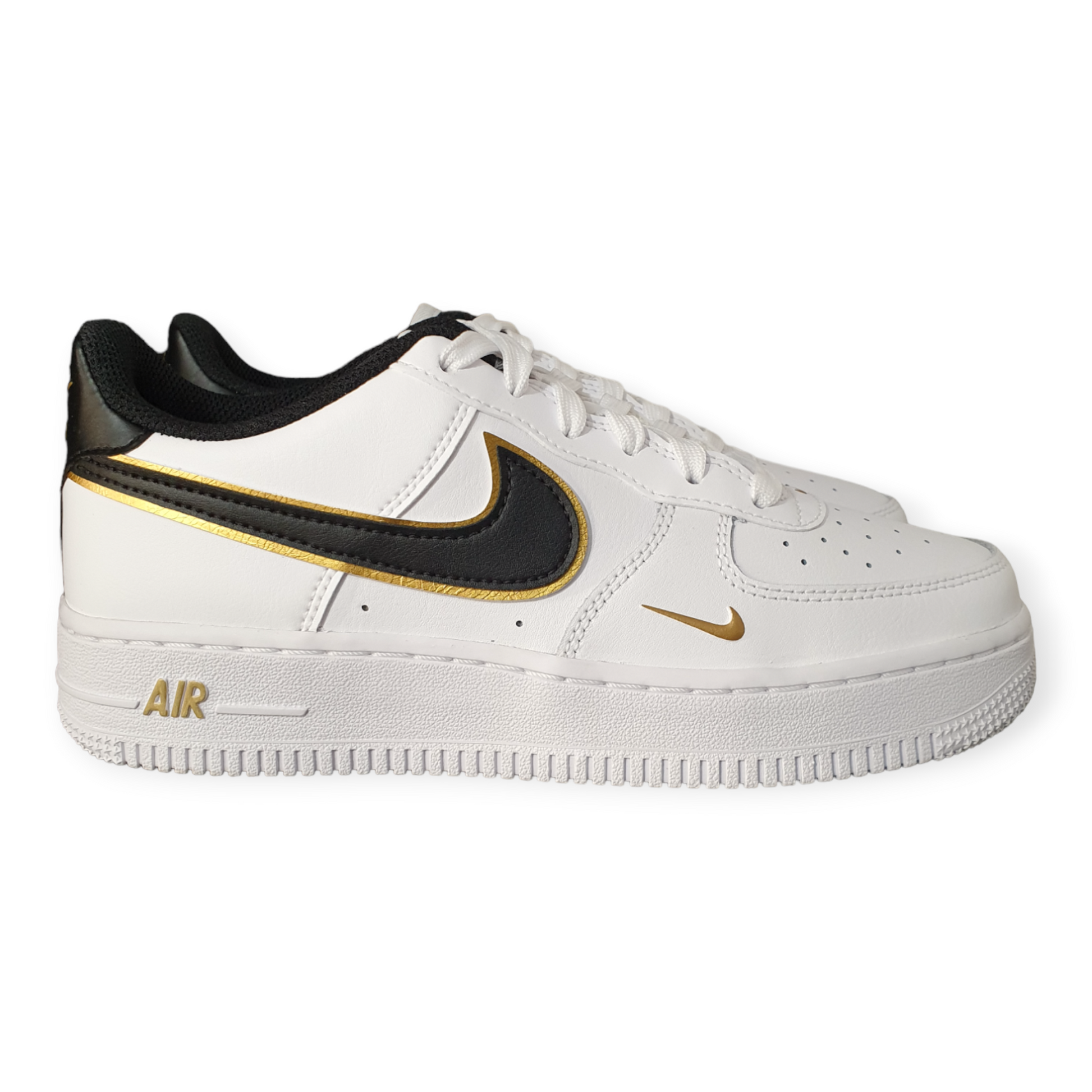 White nike 2025 gold swoosh