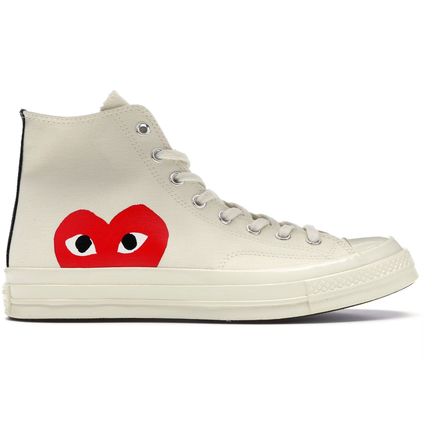 White high-top sneaker with a red heart design featuring black eyes on a white background