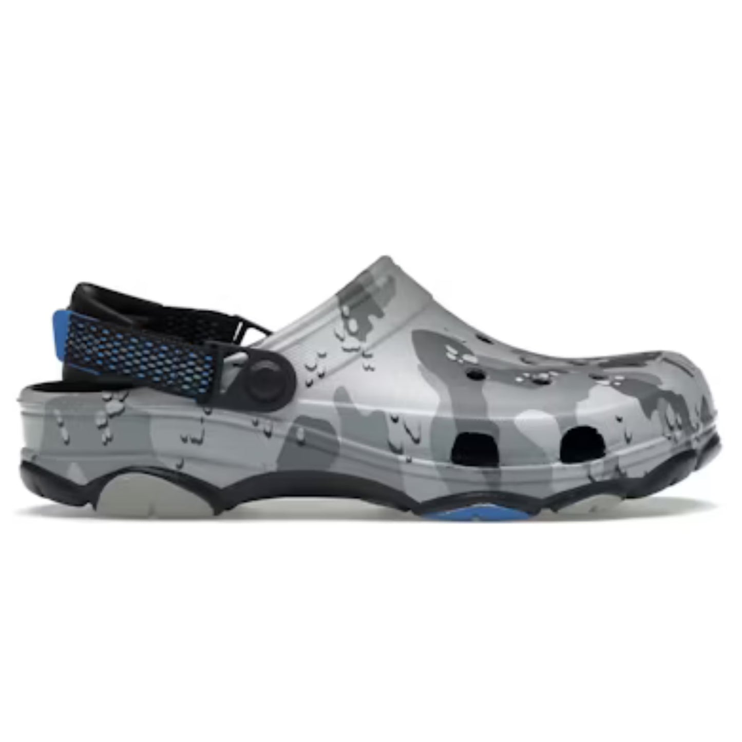 Gray and black patterned clog shoe on a white background