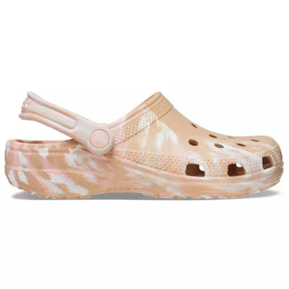 Beige and white patterned clog sandal on a white background