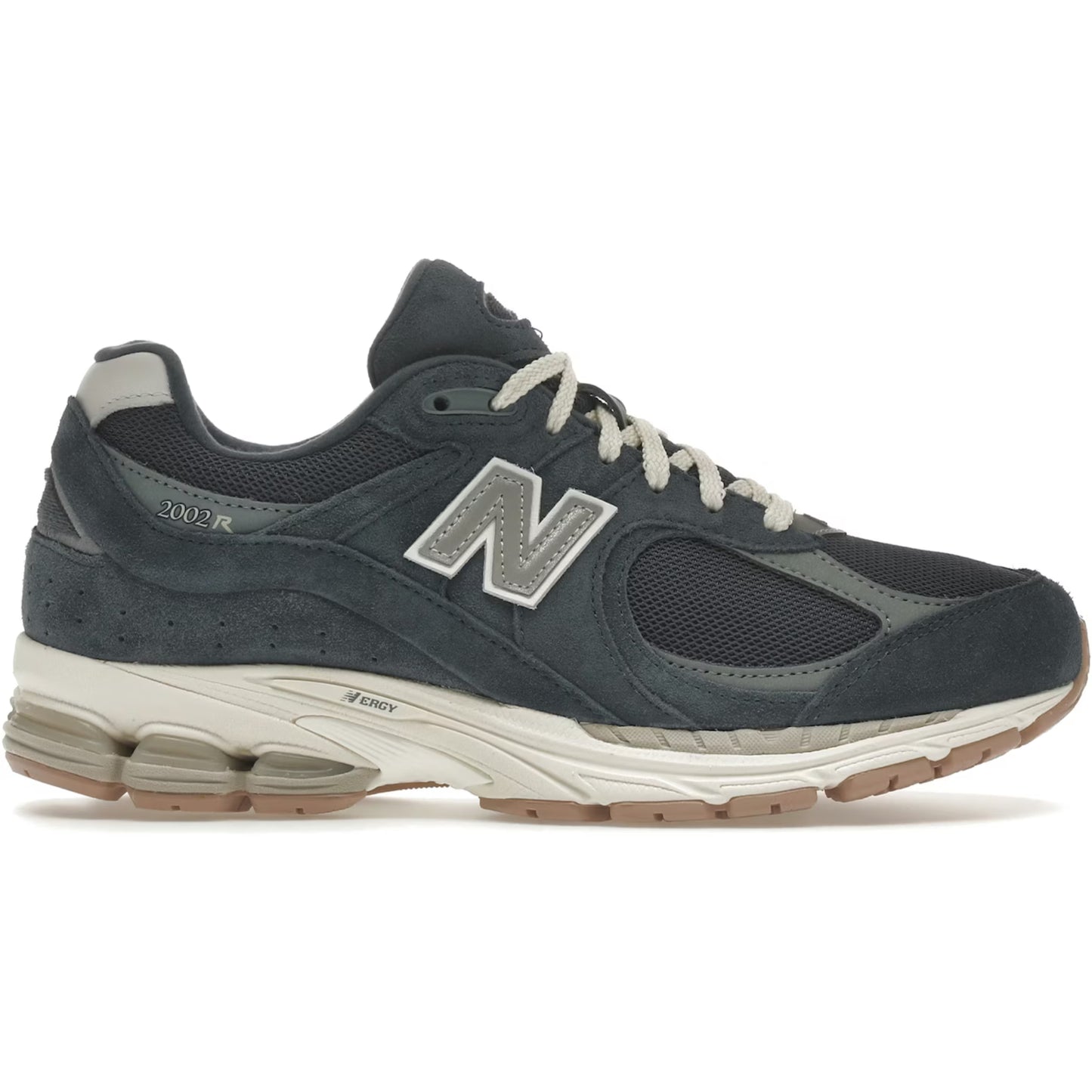 Gray and black sneaker with 'N' logo on a white background