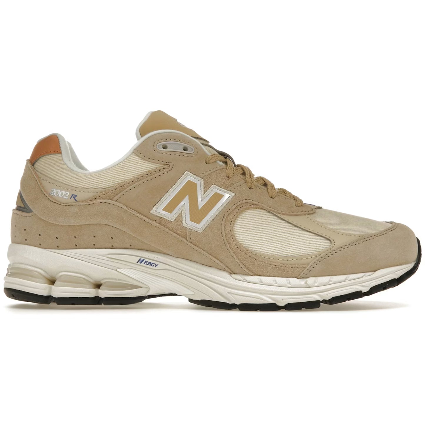 Beige sneaker with New Balance logo on a white background