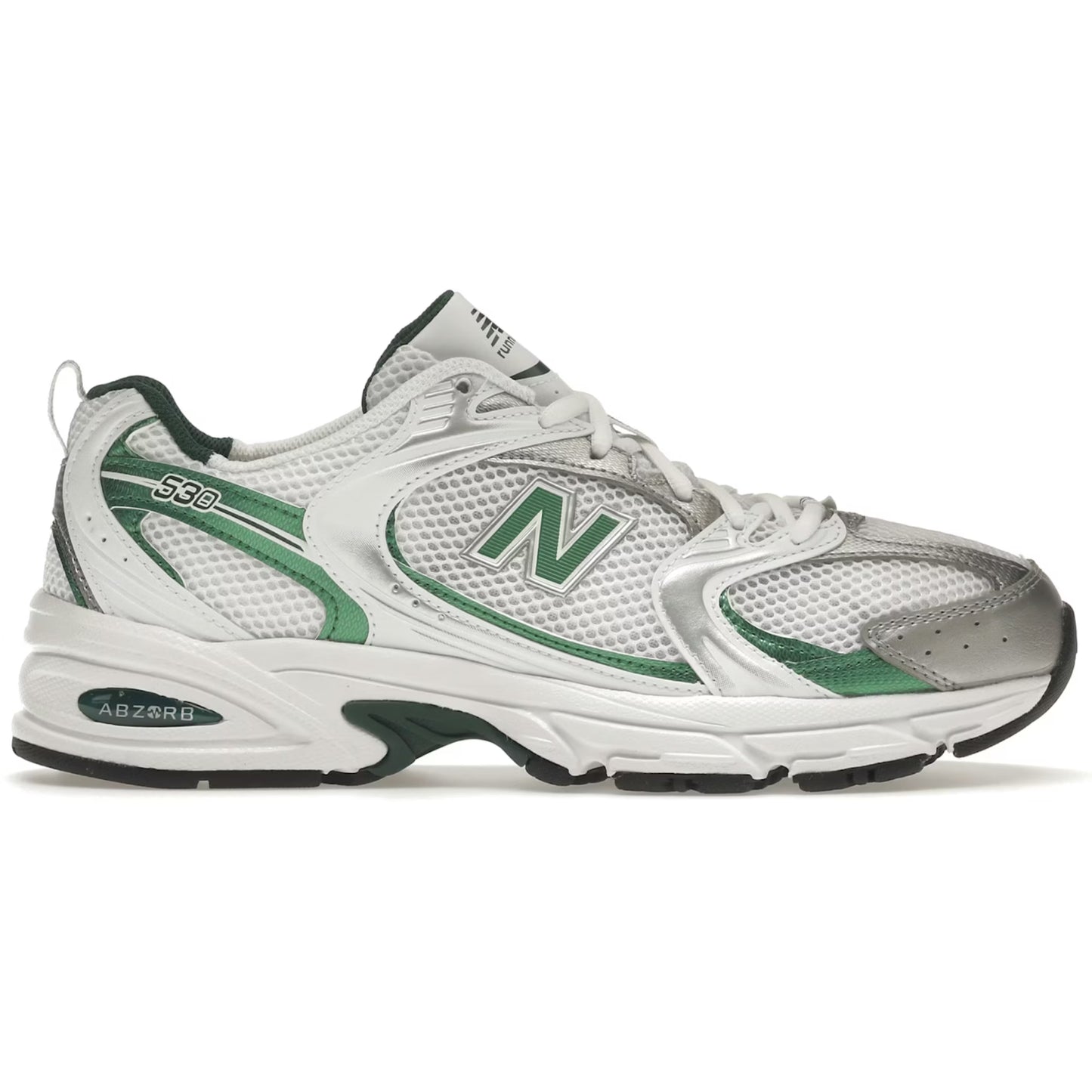White and green athletic shoe with New Balance logo on a white background