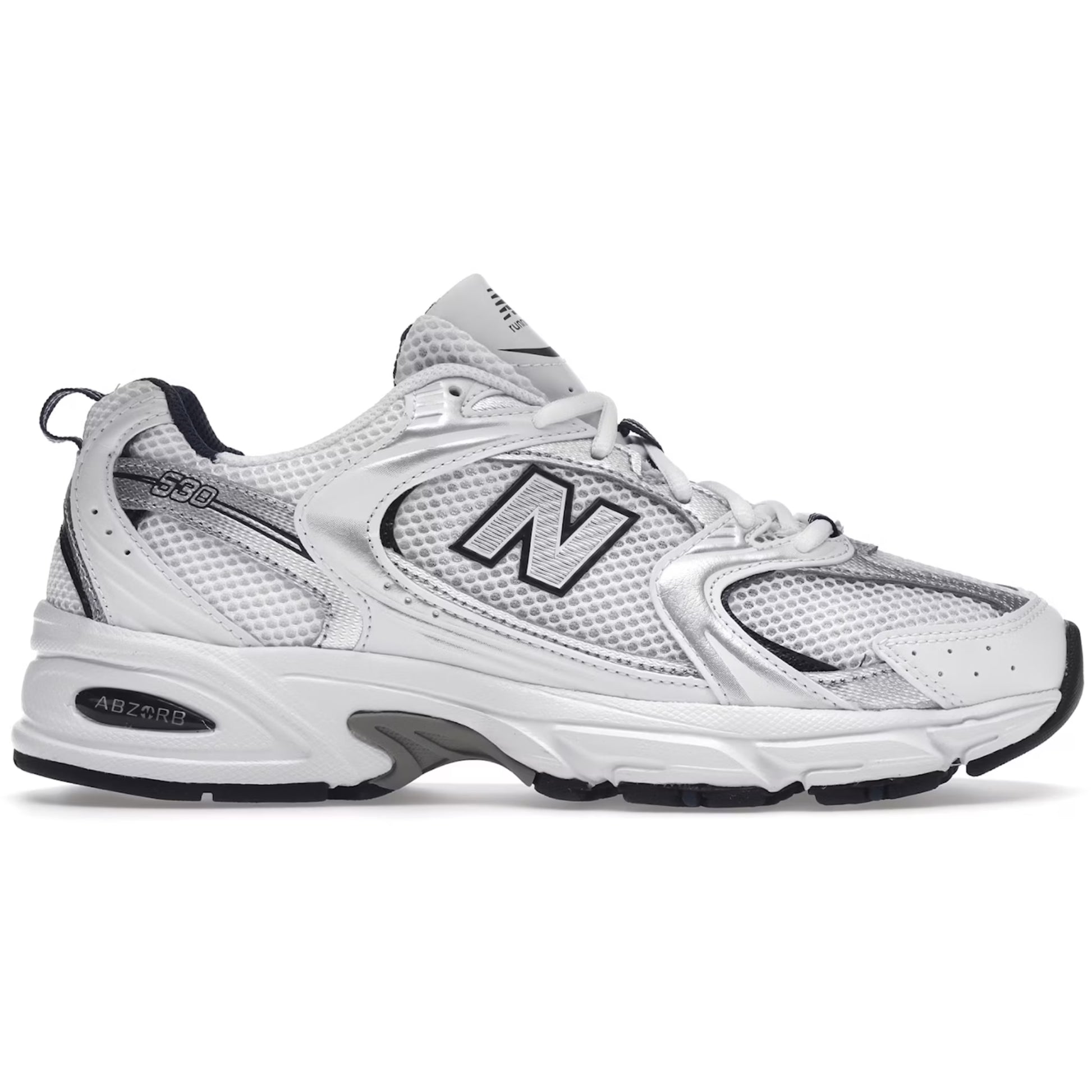 White athletic shoe with black accents on a white background