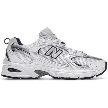 White athletic shoe with black accents on a white background
