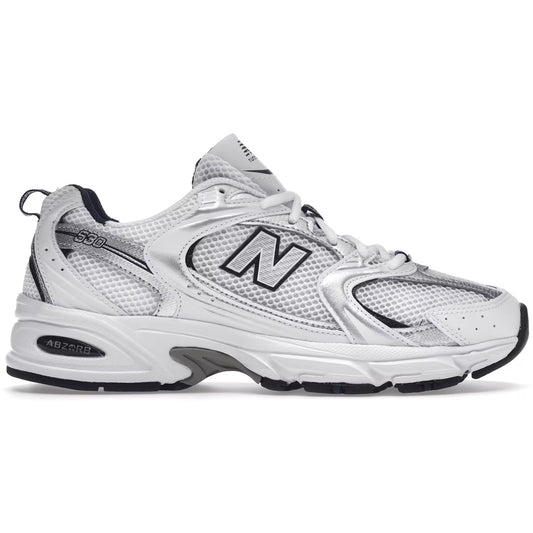 White athletic shoe with black accents on a white background