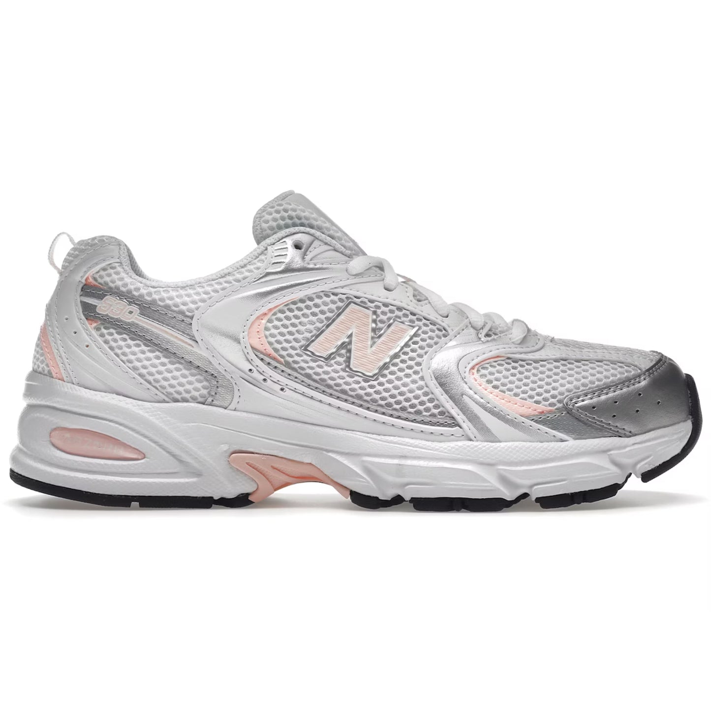 White running shoe with pink accents on a white background