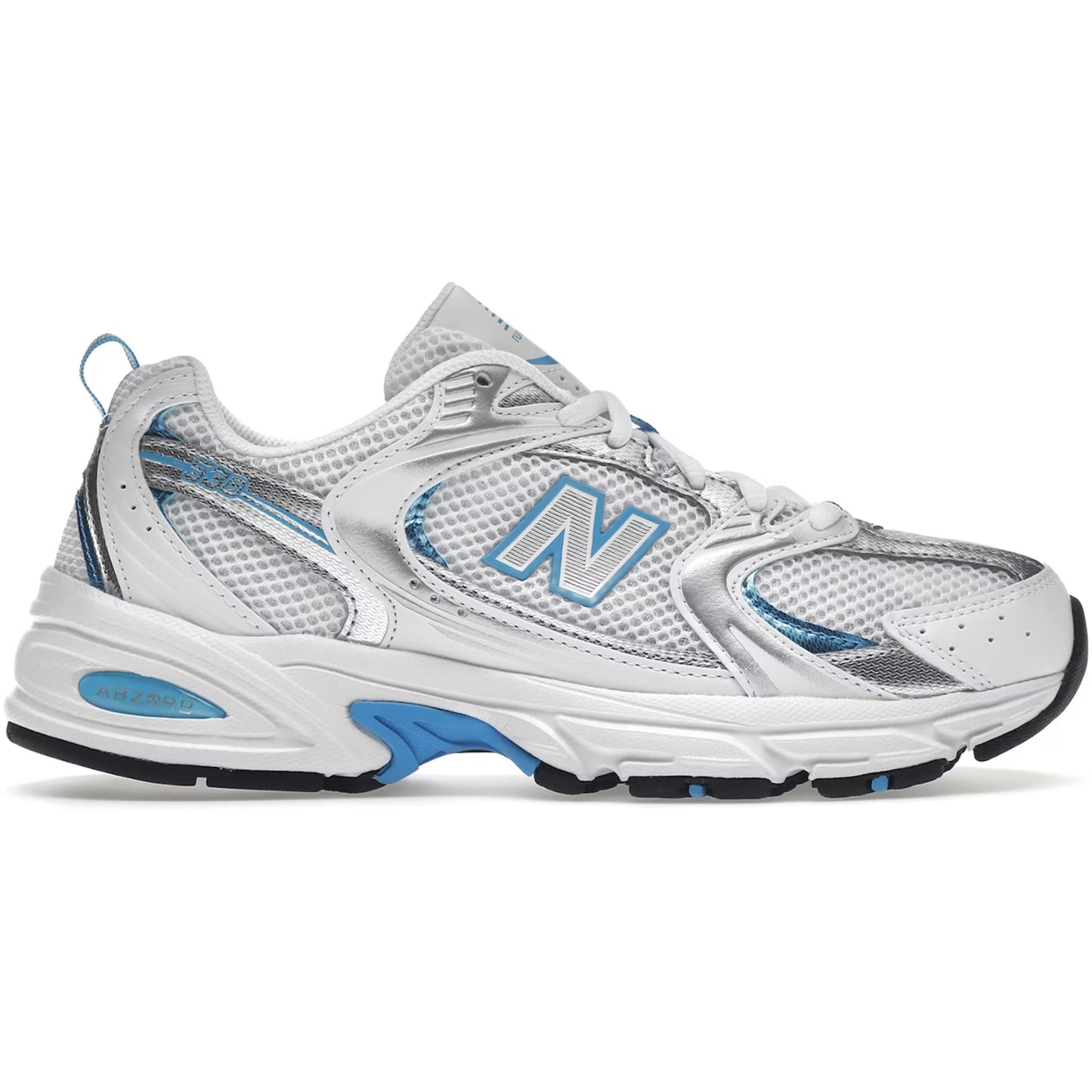White running shoe with blue accents on a white background