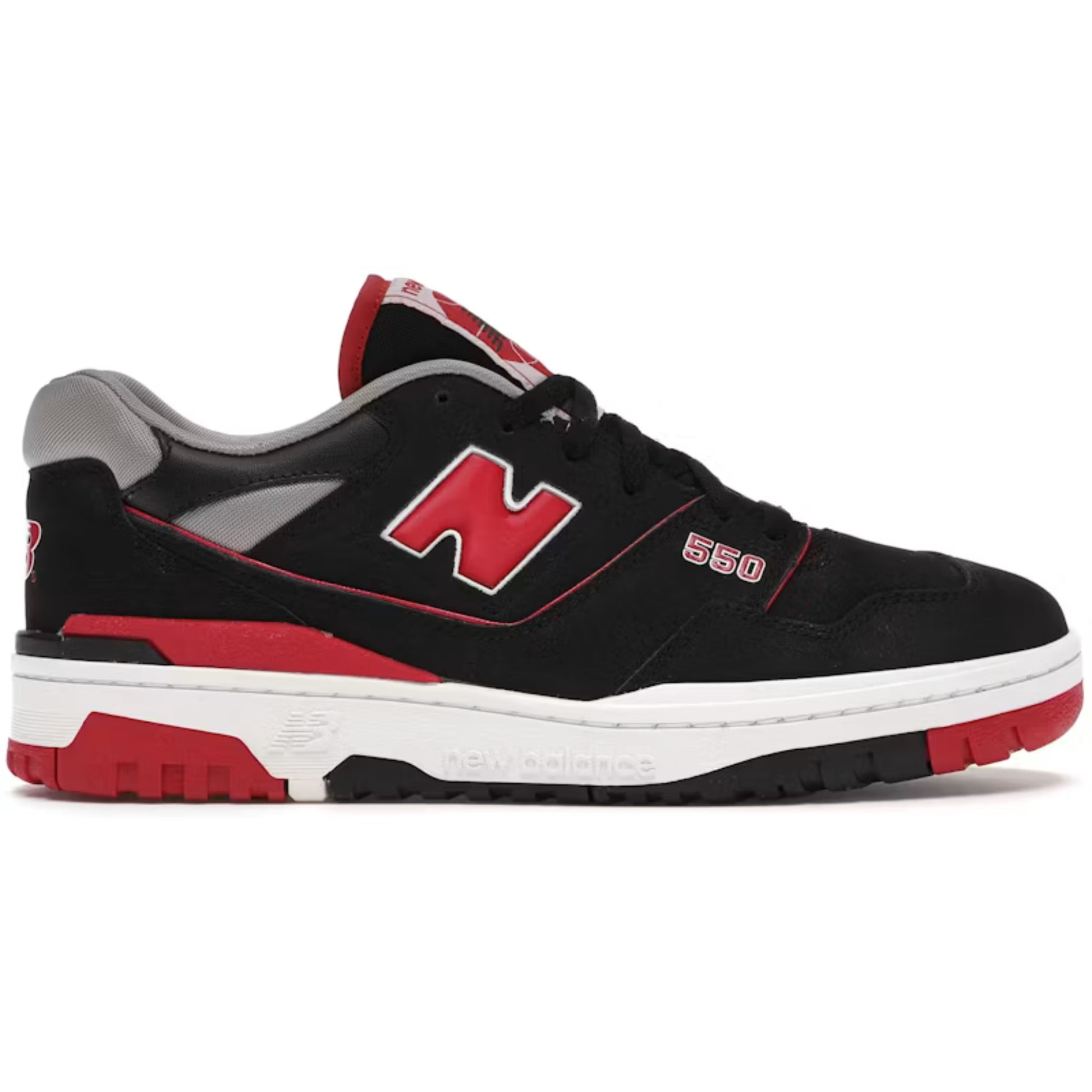 Black and red sneaker with a prominent 'N' logo on a white background