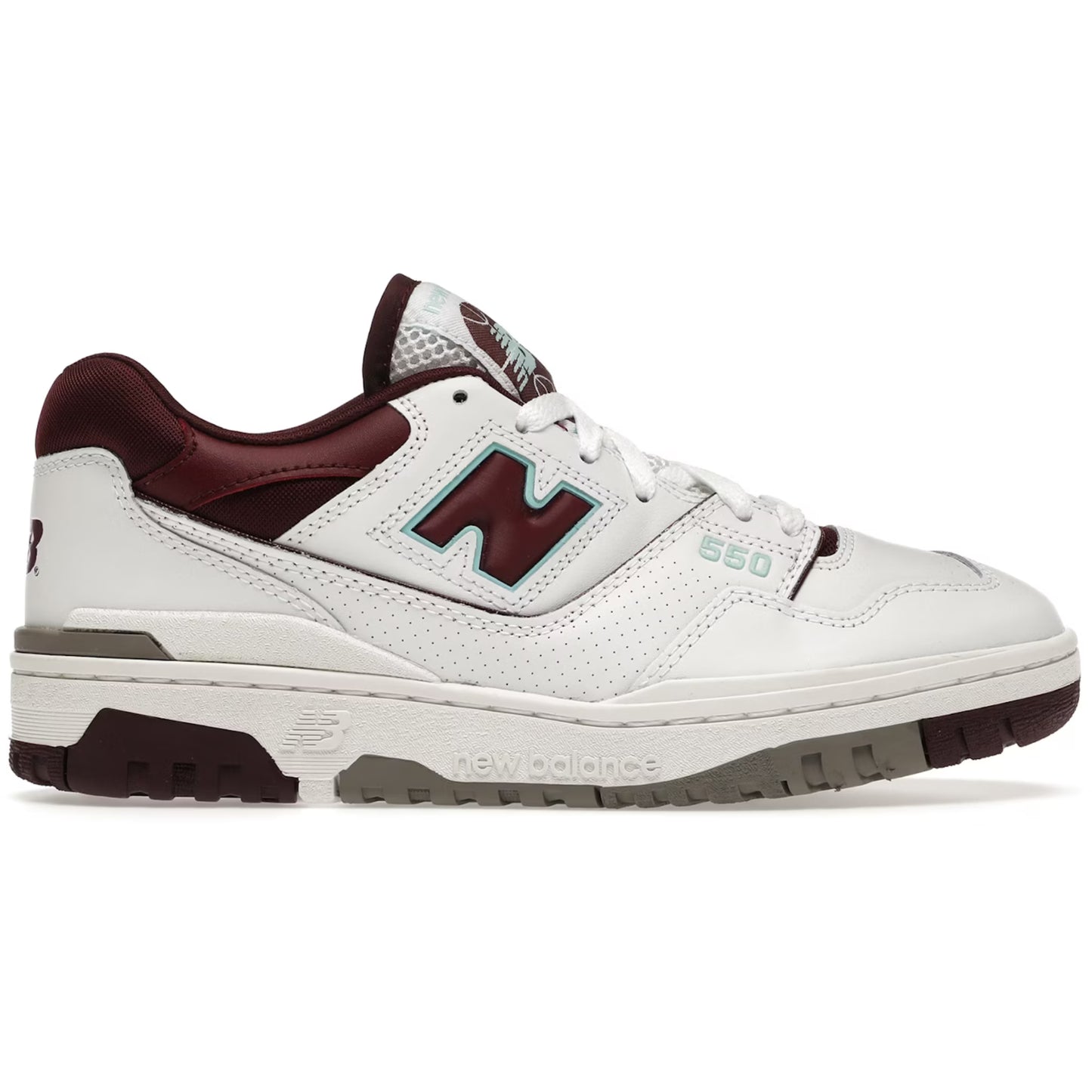 White sneaker with maroon accents on a white background