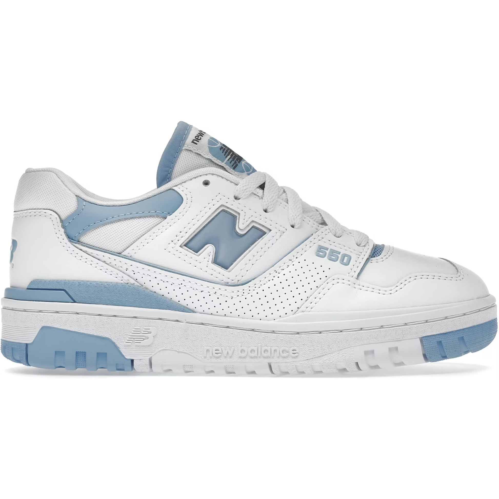 White and blue sneaker with New Balance logo on a white background