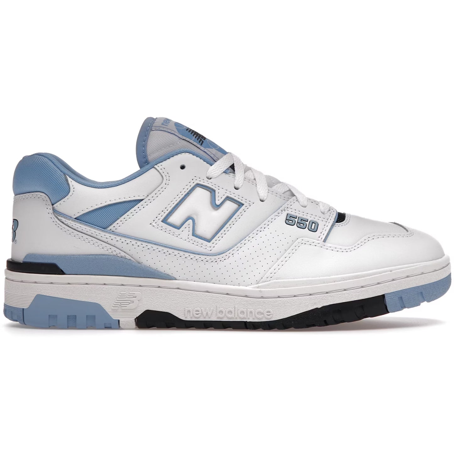 White and blue sneaker with New Balance logo on a white background