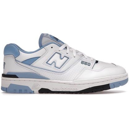 White and blue sneaker with New Balance logo on a white background