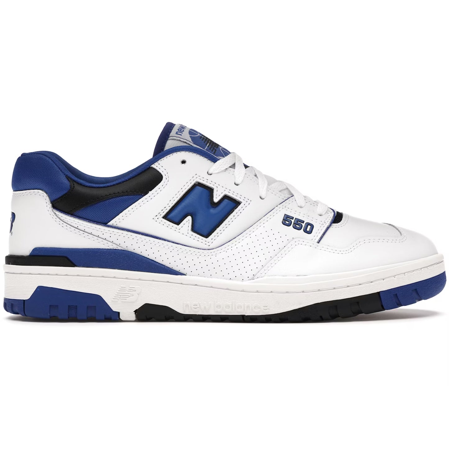 White and blue sneaker with brand logo on a white background