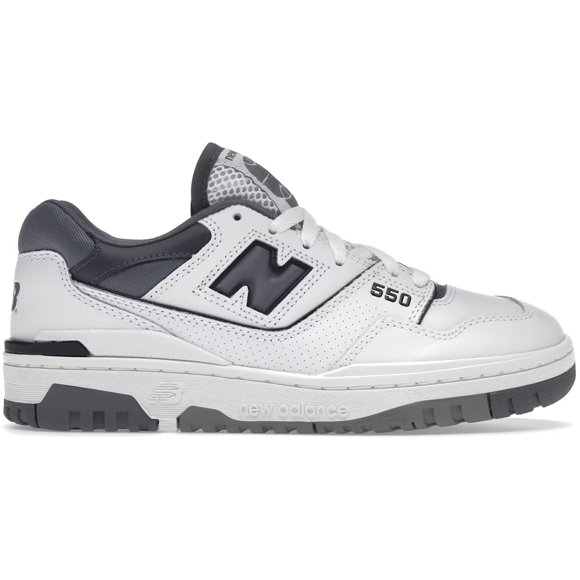 White and gray sneaker with New Balance logo on a white background