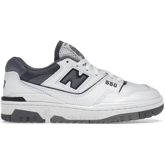 White and gray sneaker with New Balance logo on a white background