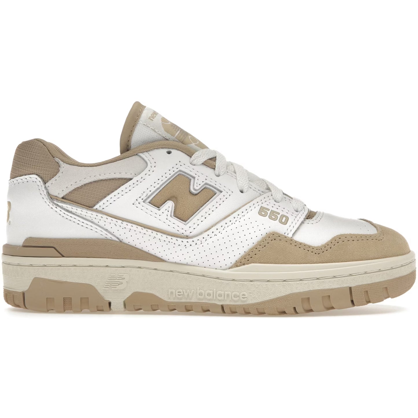 Brown and white sneaker with New Balance logo on a white background