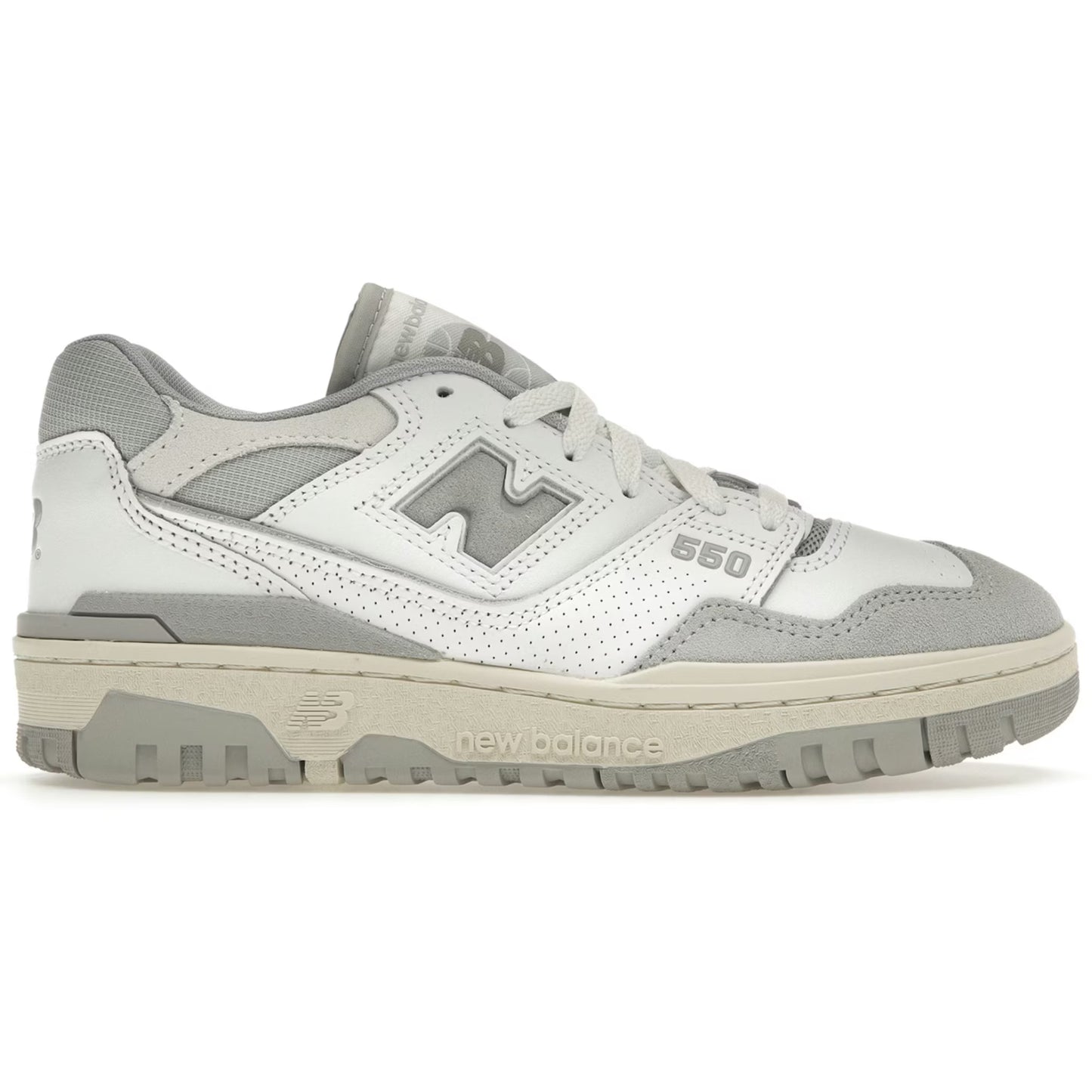 Gray and white sneaker with New Balance logo on a white background