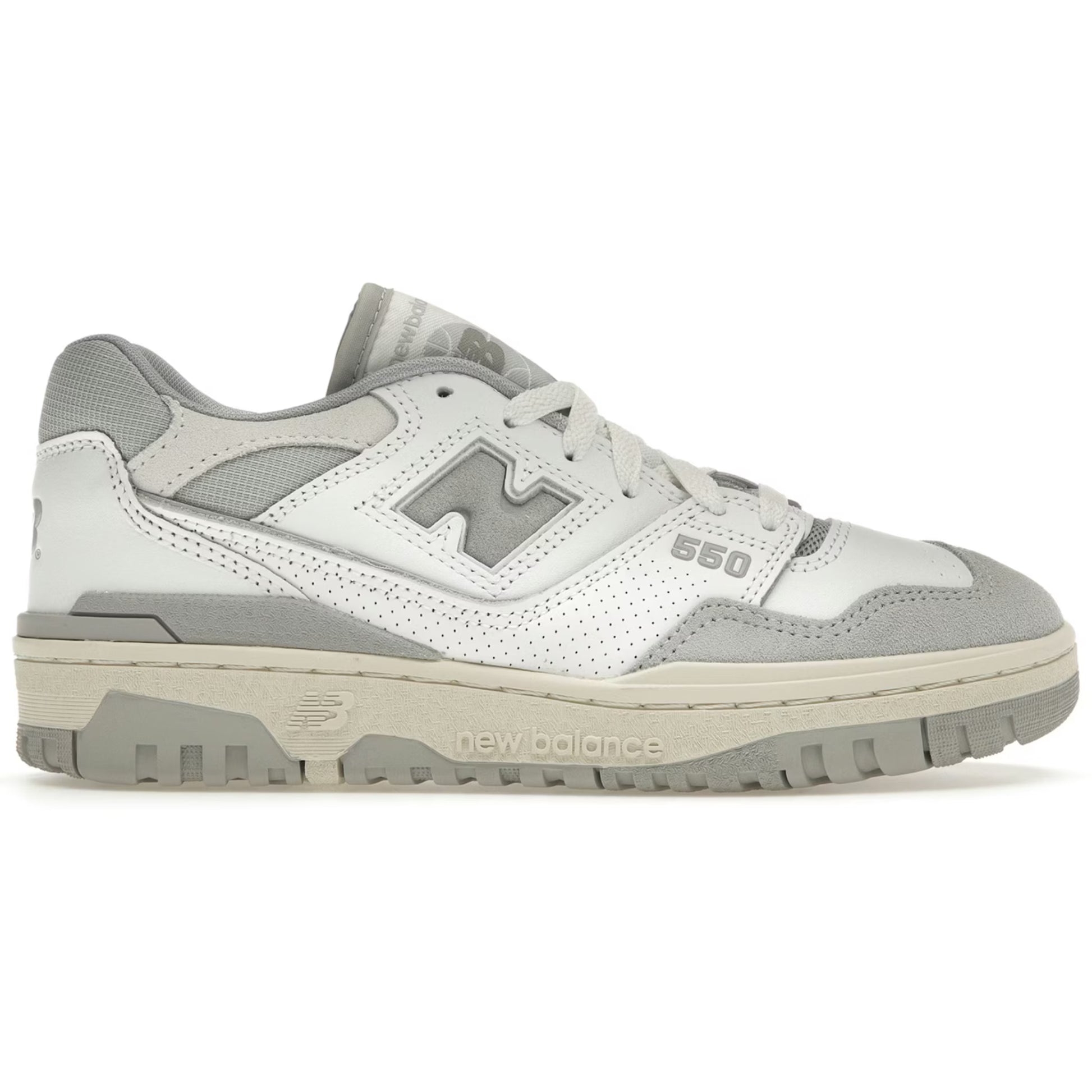 Gray and white sneaker with New Balance logo on a white background