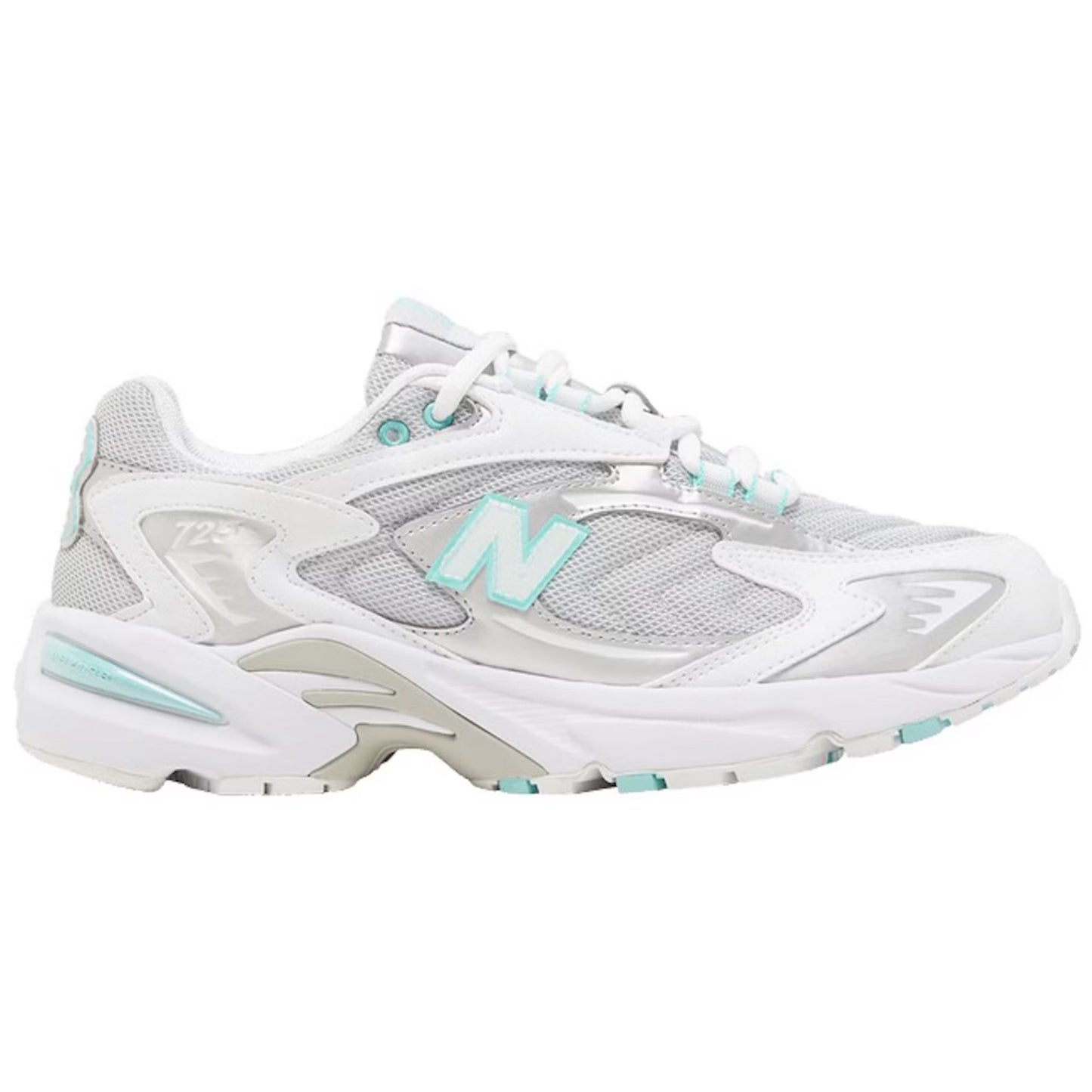 White sneaker with light blue accents on a white background