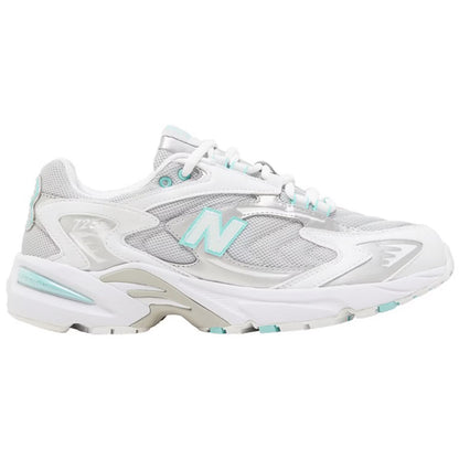 White sneaker with light blue accents on a white background