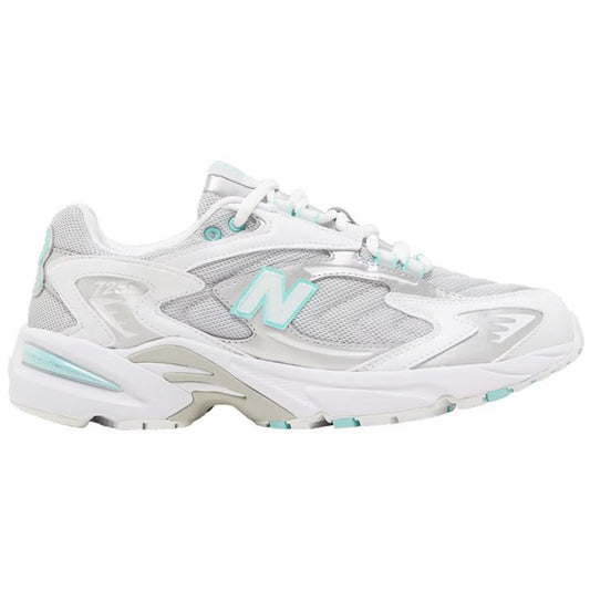 White sneaker with light blue accents on a white background