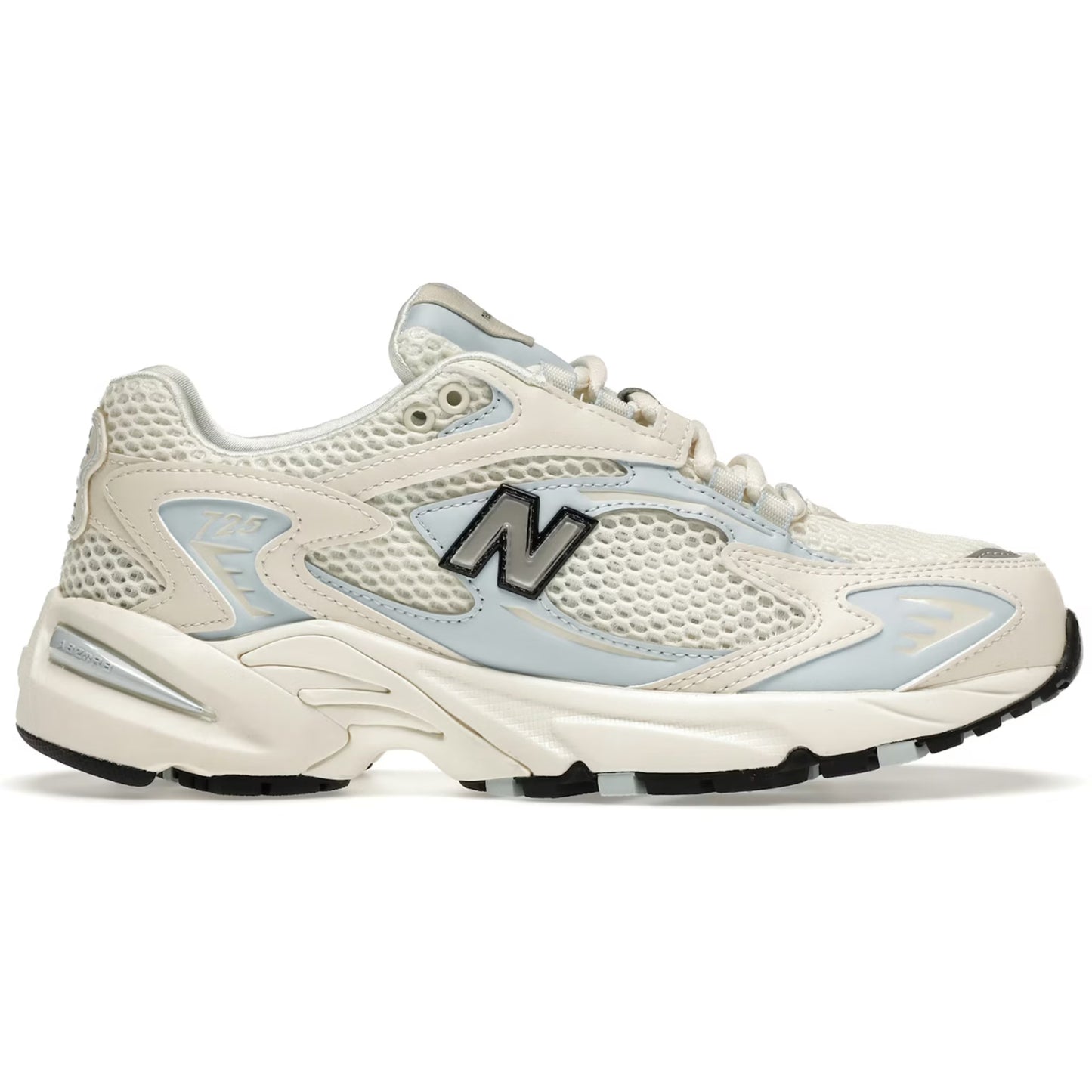 White sneaker with blue accents and New Balance logo on a white background