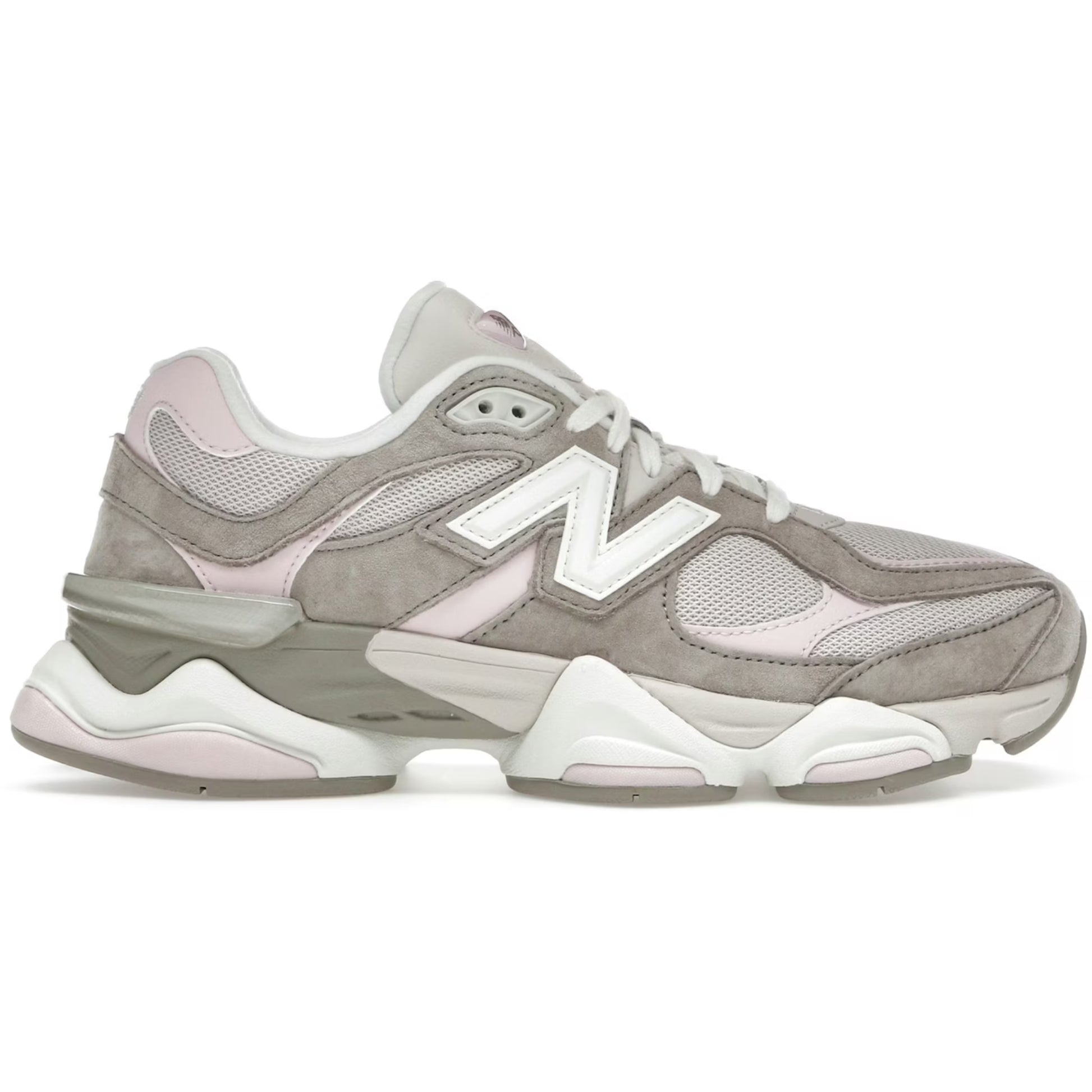 Gray and white sneakers with a brand logo on a white background