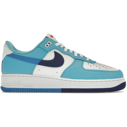 Blue and white sneaker with a prominent Nike logo on a white background