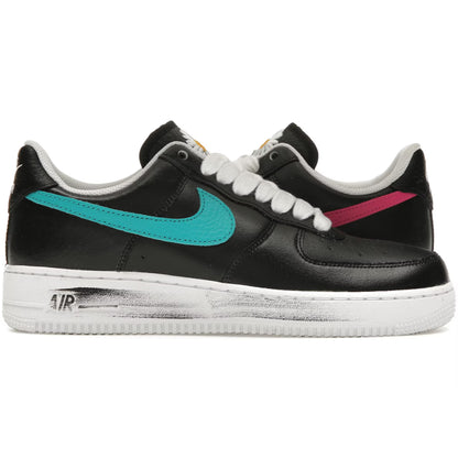 Black sneakers with colorful swooshes on a white background