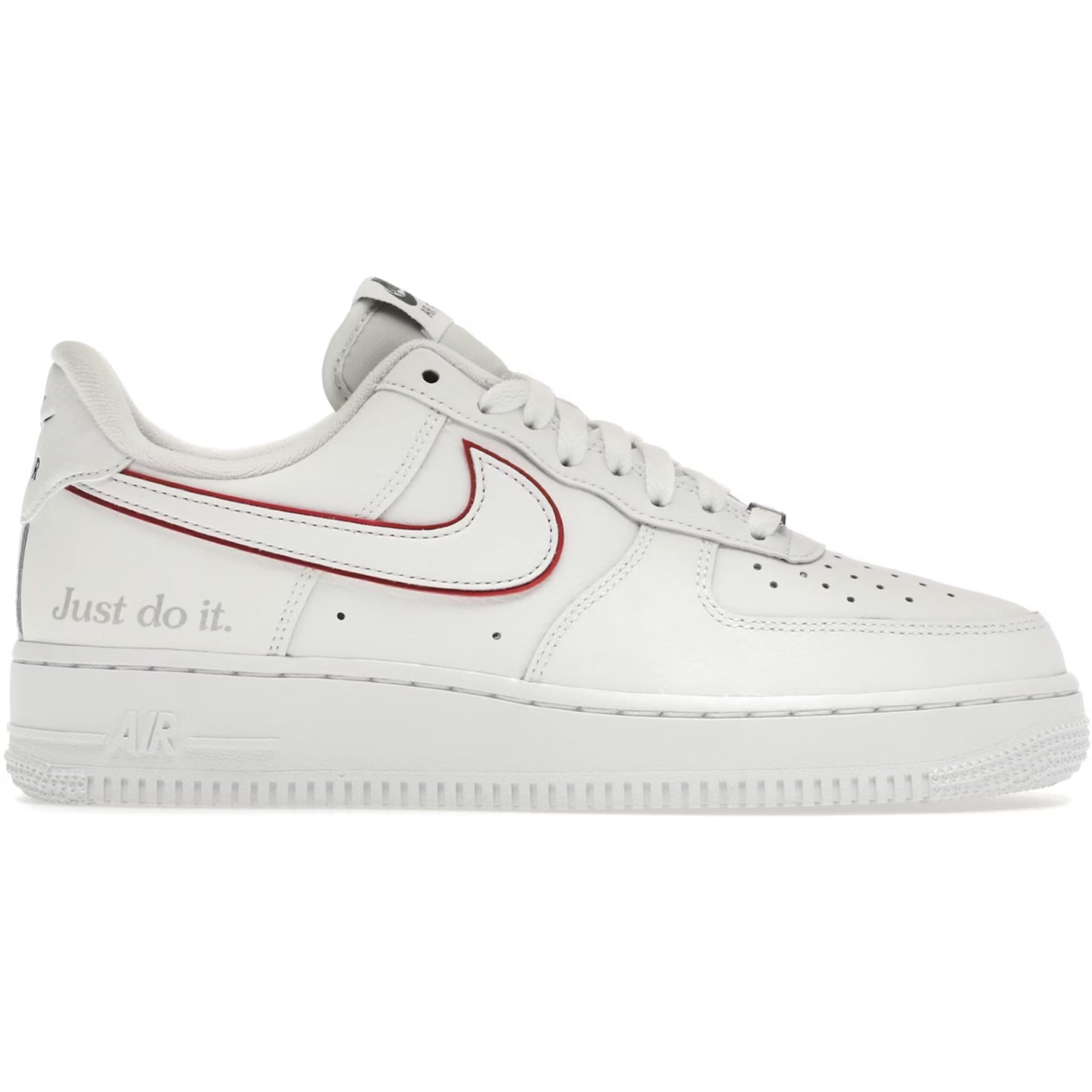 White sneaker with red swoosh logo on a white background