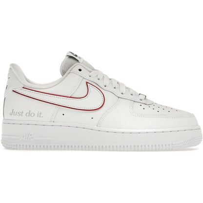 White sneaker with red swoosh logo on a white background
