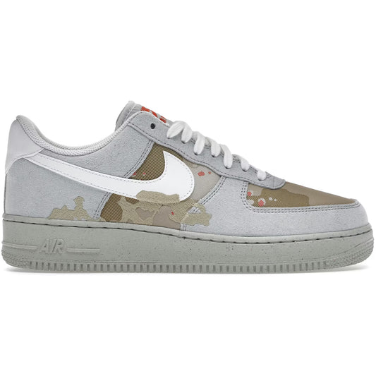 Gray sneaker with camouflage pattern and white Nike logo on a white background