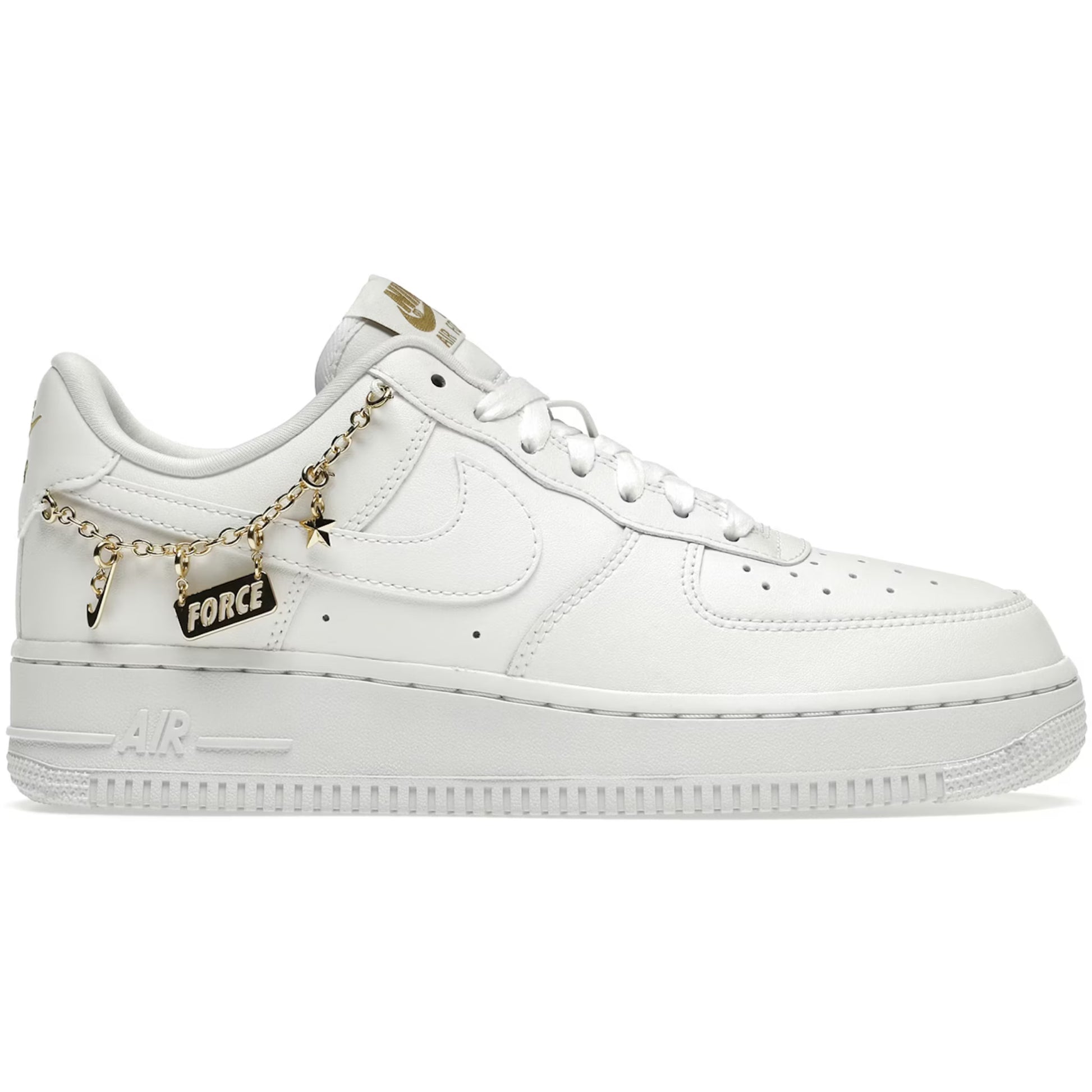 White sneaker with gold chain and 'FORCE' tag on a white background