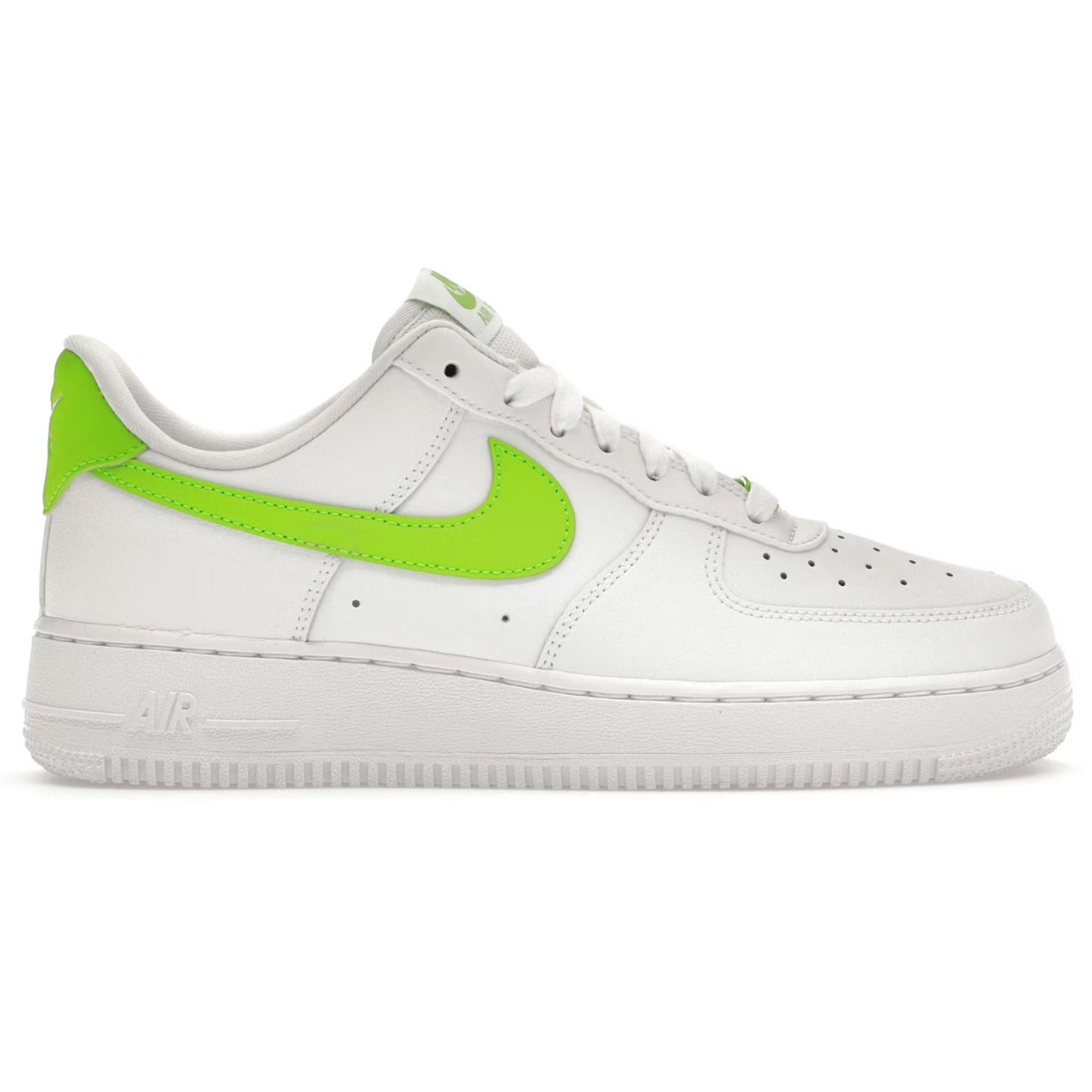 White sneaker with a bright green Nike logo on a white background
