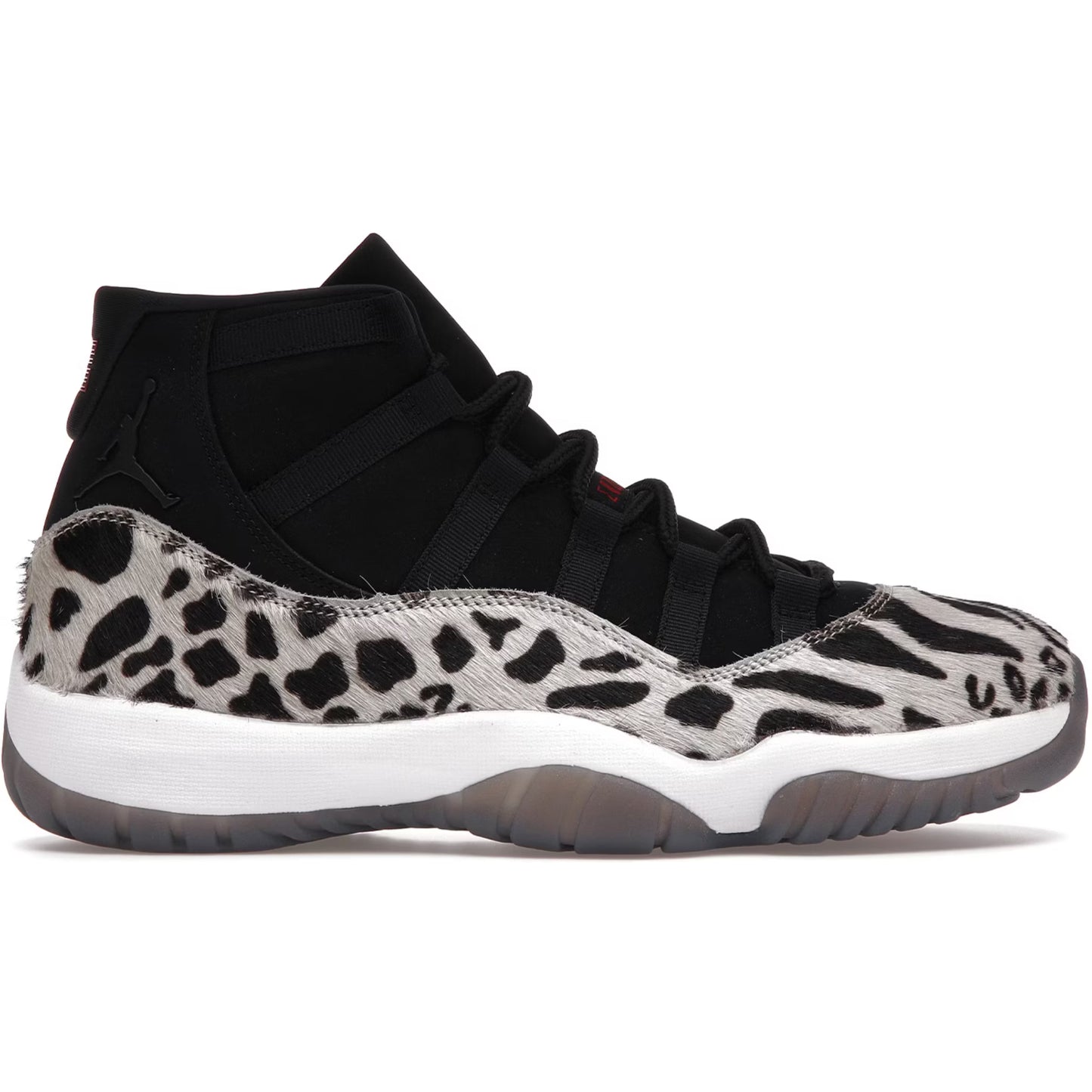 Black and white sneaker with leopard print pattern on a white background