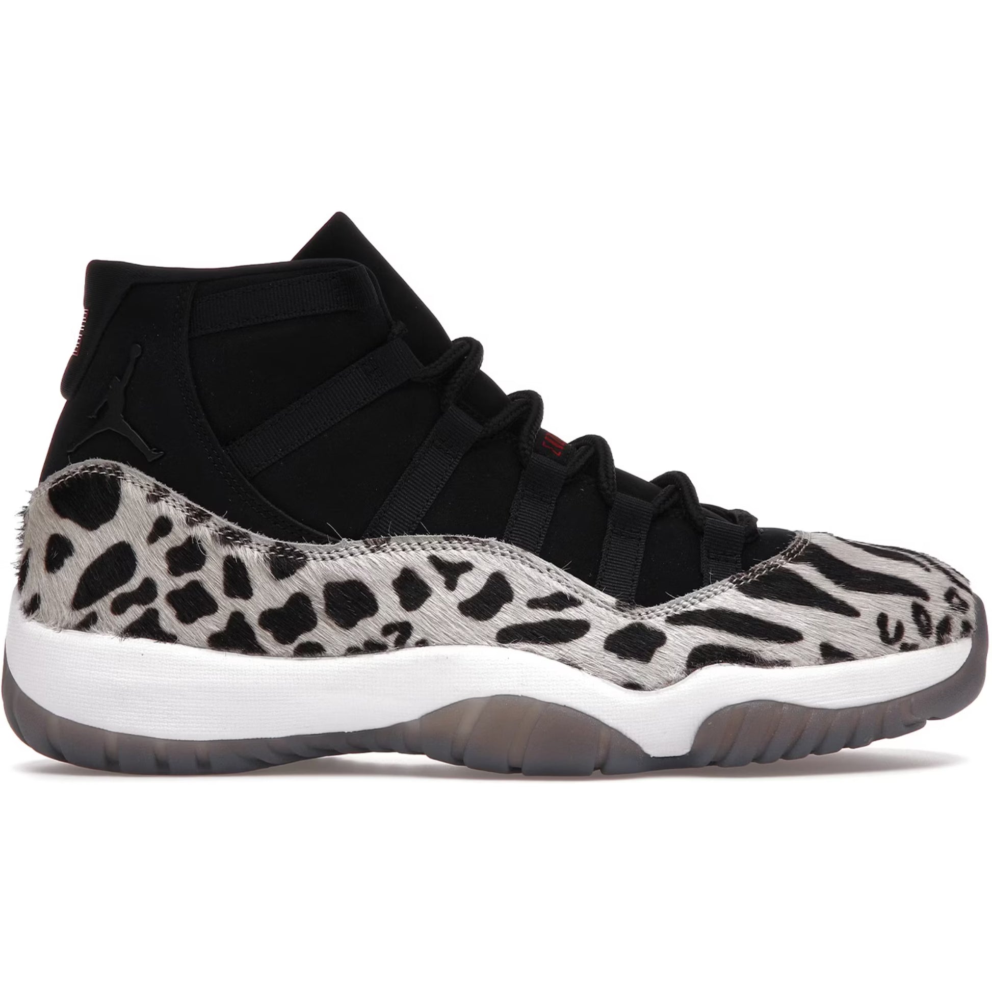 Black and white sneaker with leopard print pattern on a white background