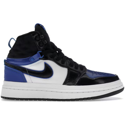 Black, white, and blue sneaker on a white background