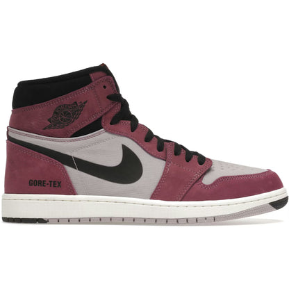 Maroon and gray sneaker with black accents on a white background
