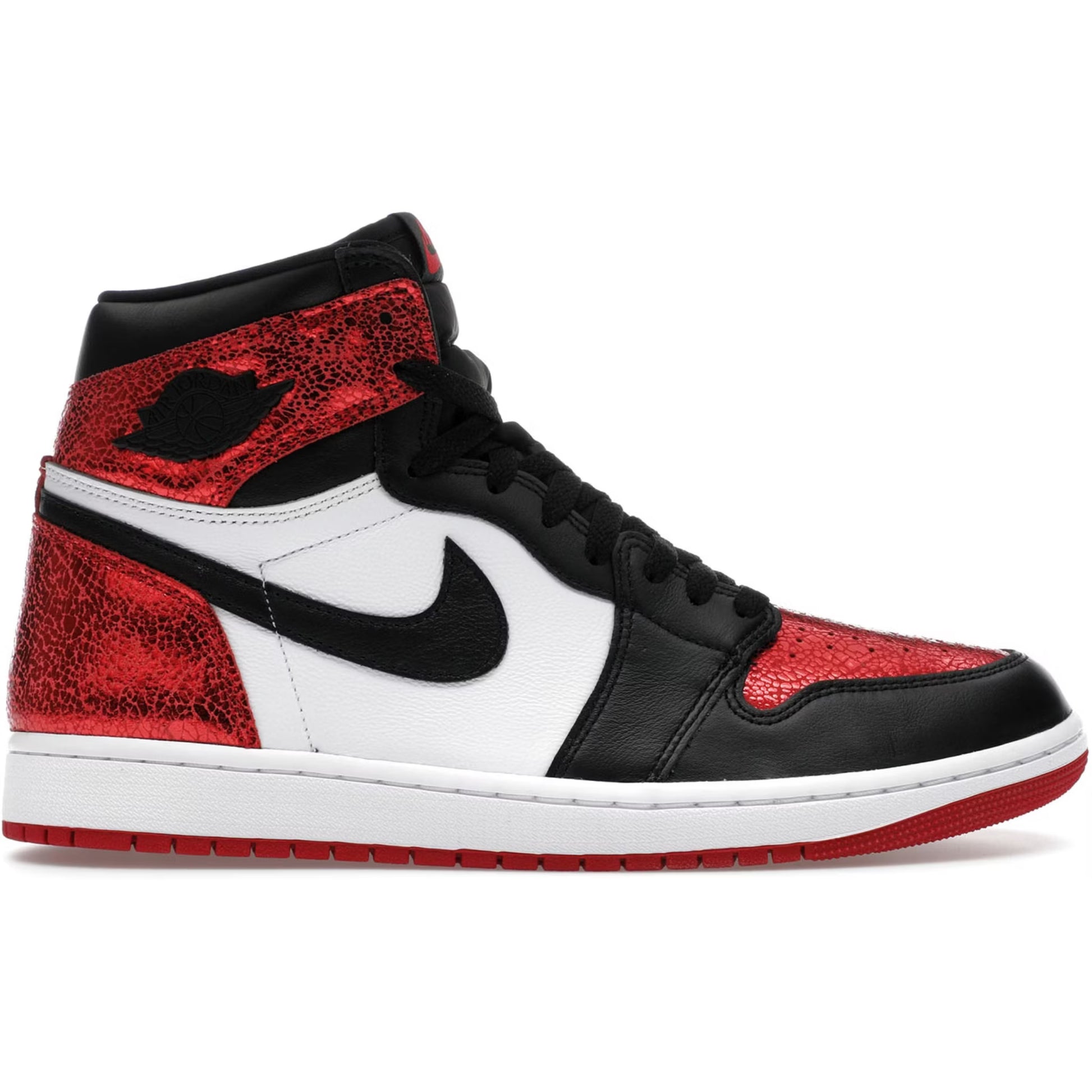 Black, red, and white sneaker with a prominent logo on a white background