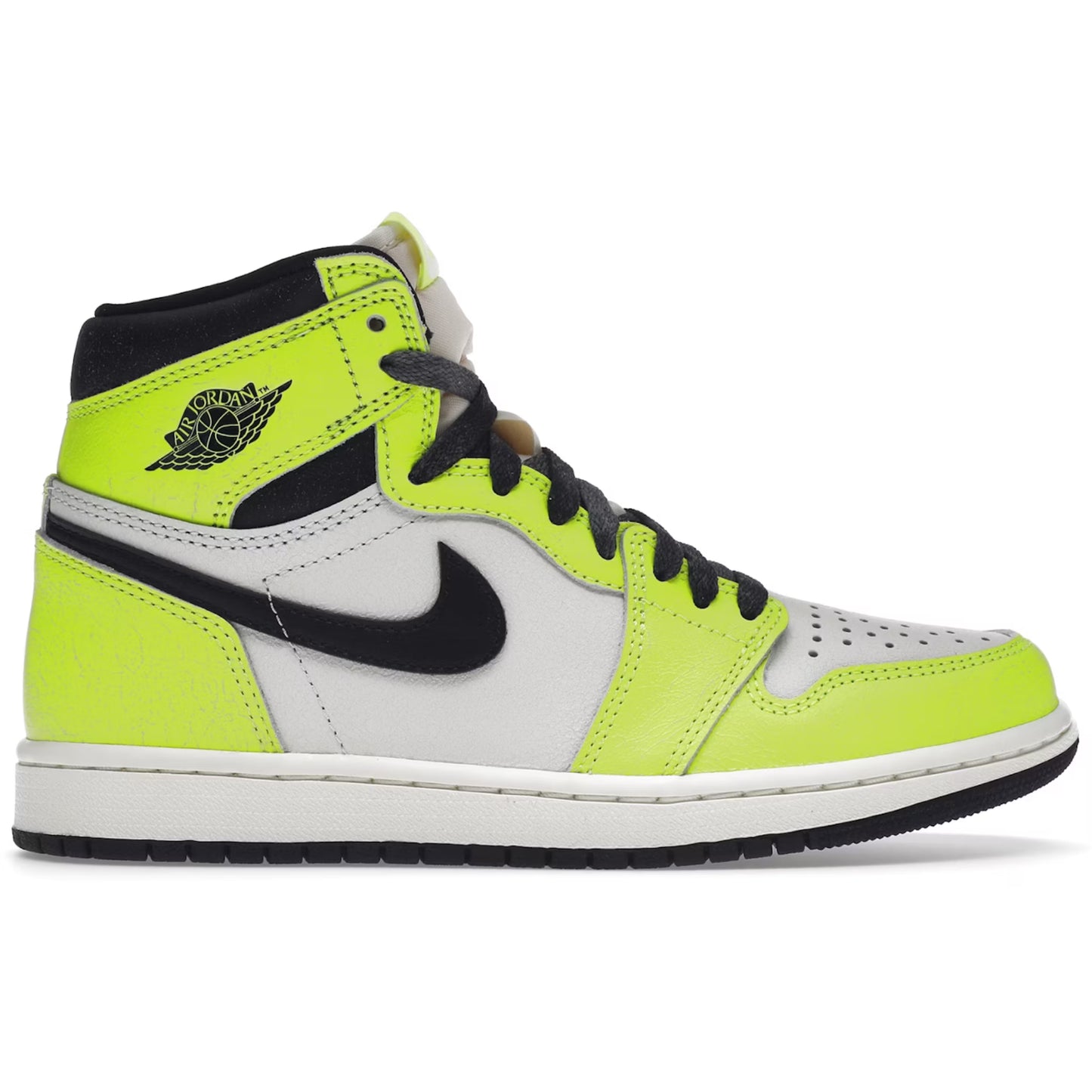 Nike Air Jordan 1 high top sneaker with bright green, black, and white color scheme on a white background