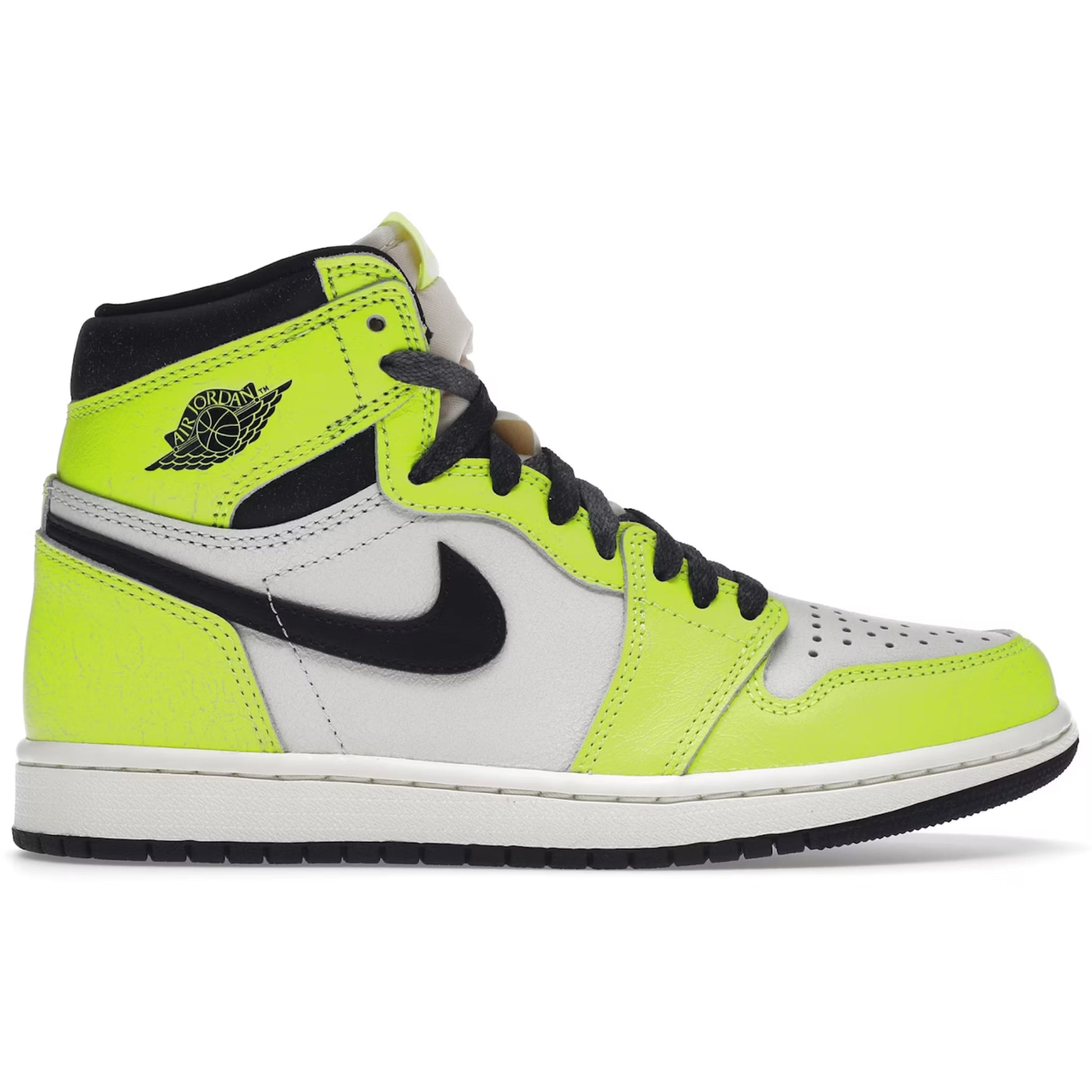 Nike Air Jordan 1 high top sneaker with bright green, black, and white color scheme on a white background