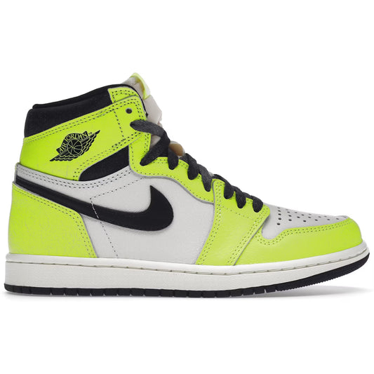 Nike Air Jordan 1 high top sneaker with bright green, black, and white color scheme on a white background
