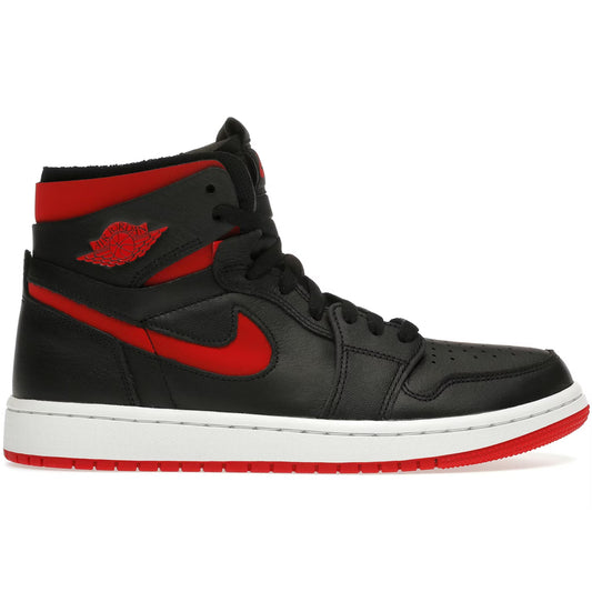 Black and red high-top sneaker with a prominent Nike logo on a white background