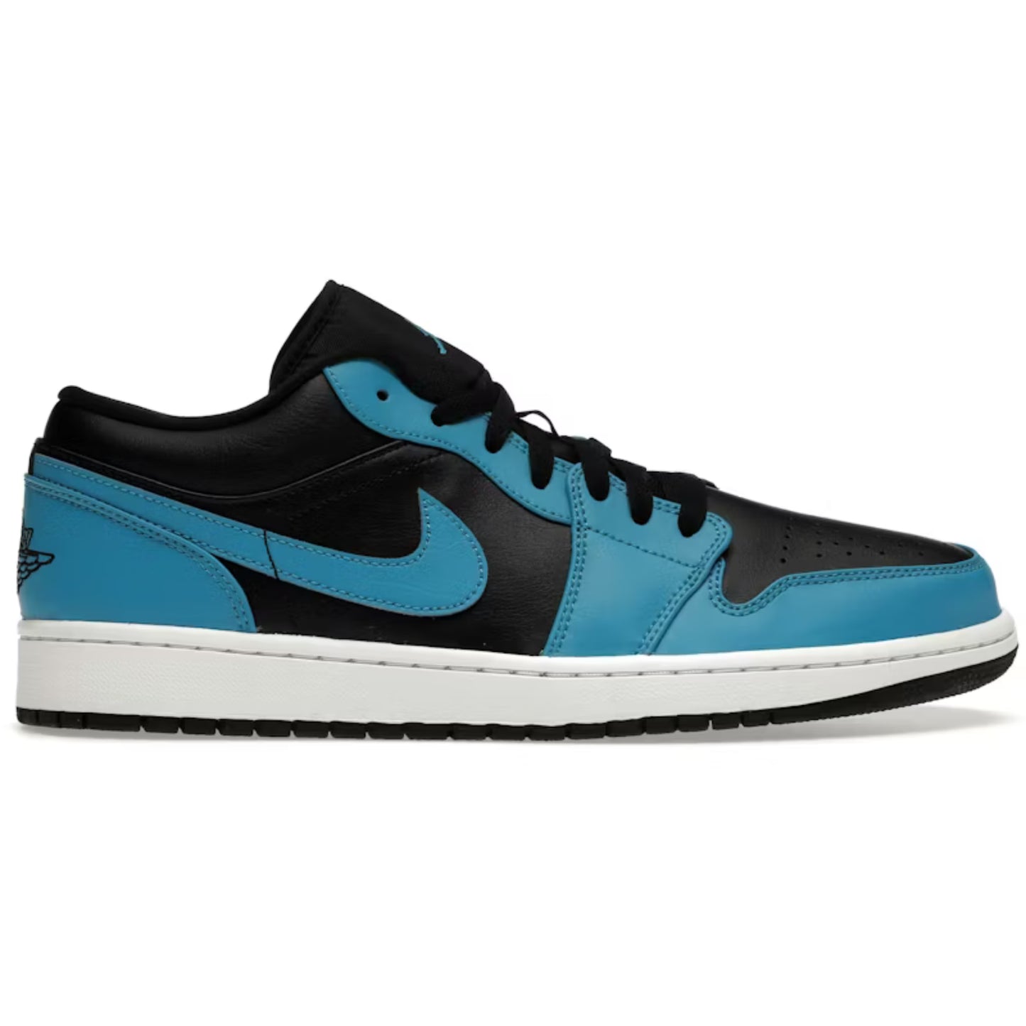 Blue and black sneaker with a white sole on a white background