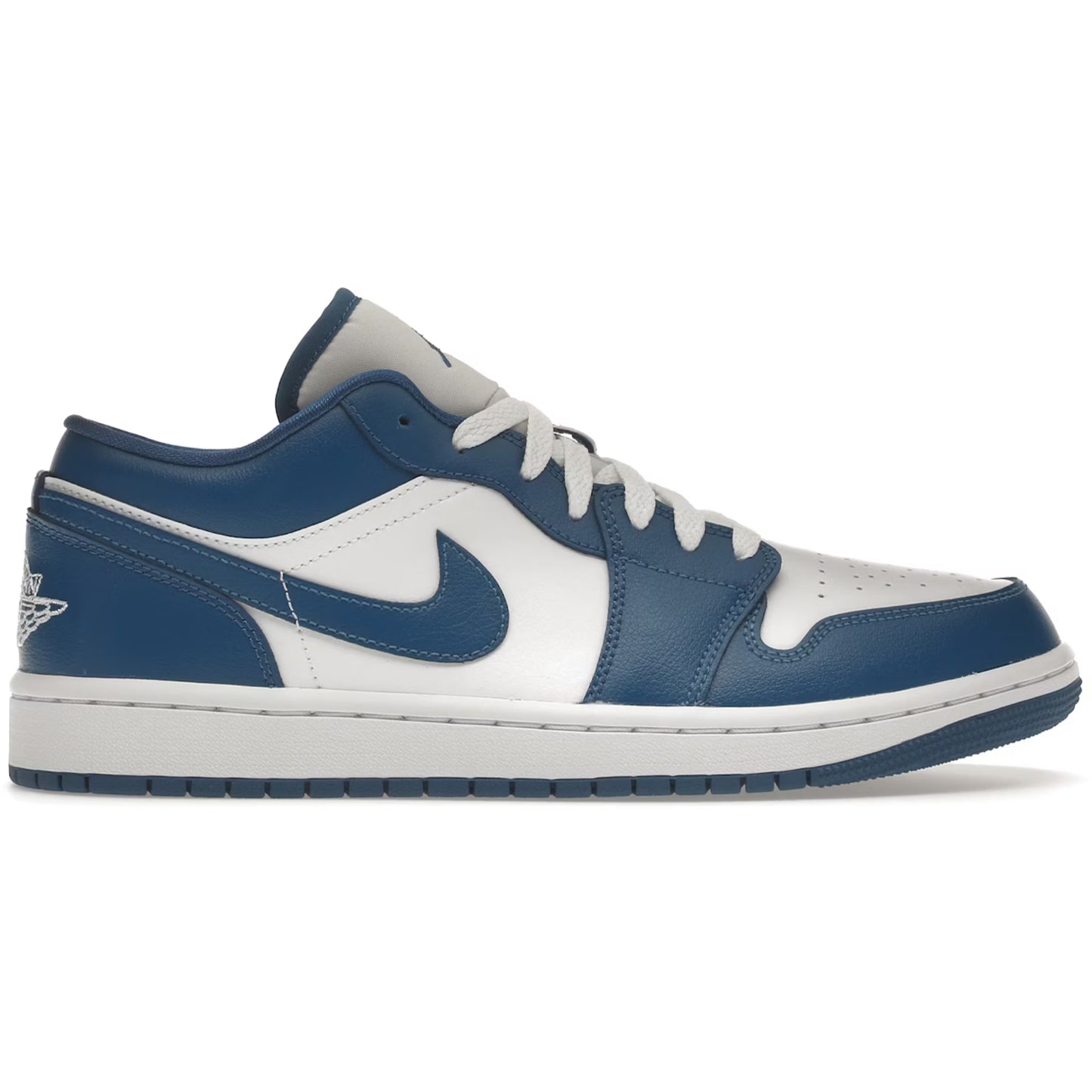 Blue and white sneaker with a prominent logo on a white background