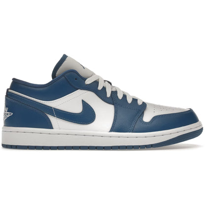 Blue and white sneaker with a prominent logo on a white background