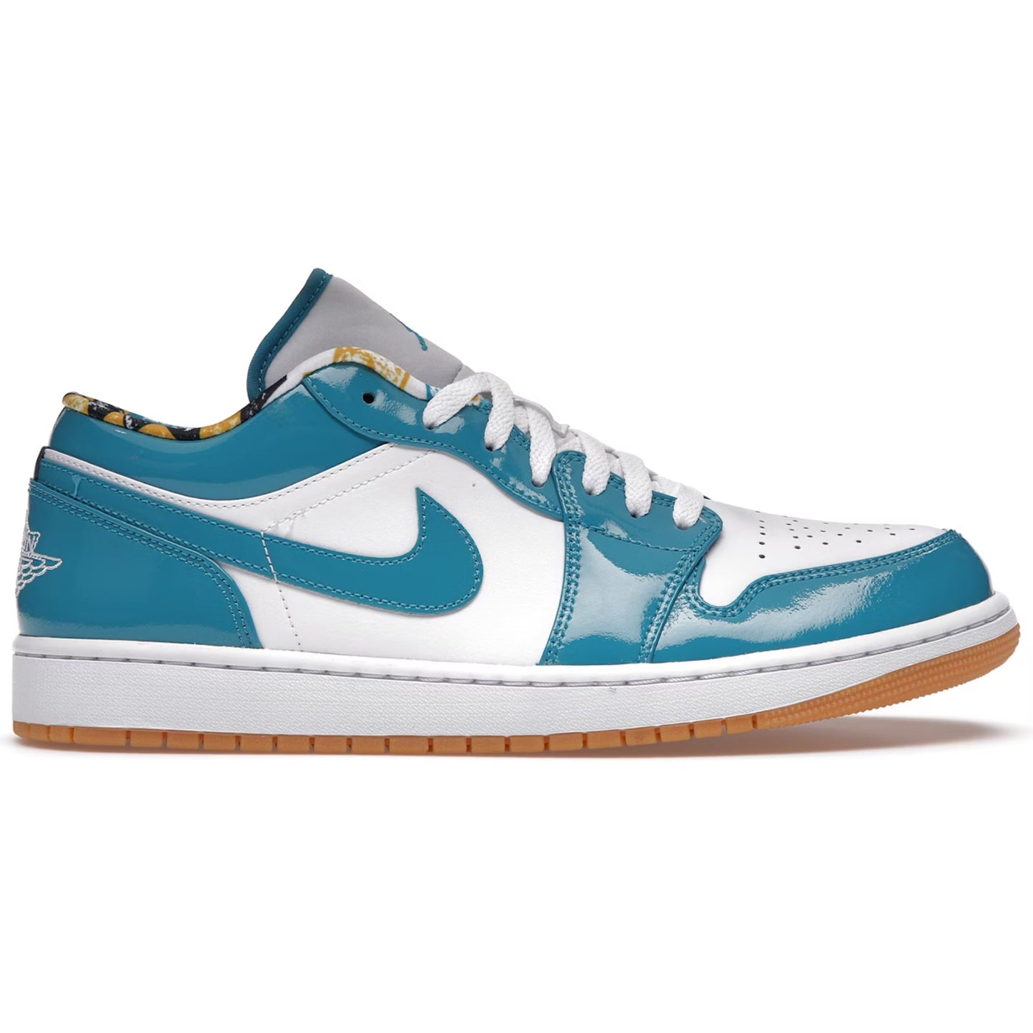Blue and white sneaker with a brown sole on a white background